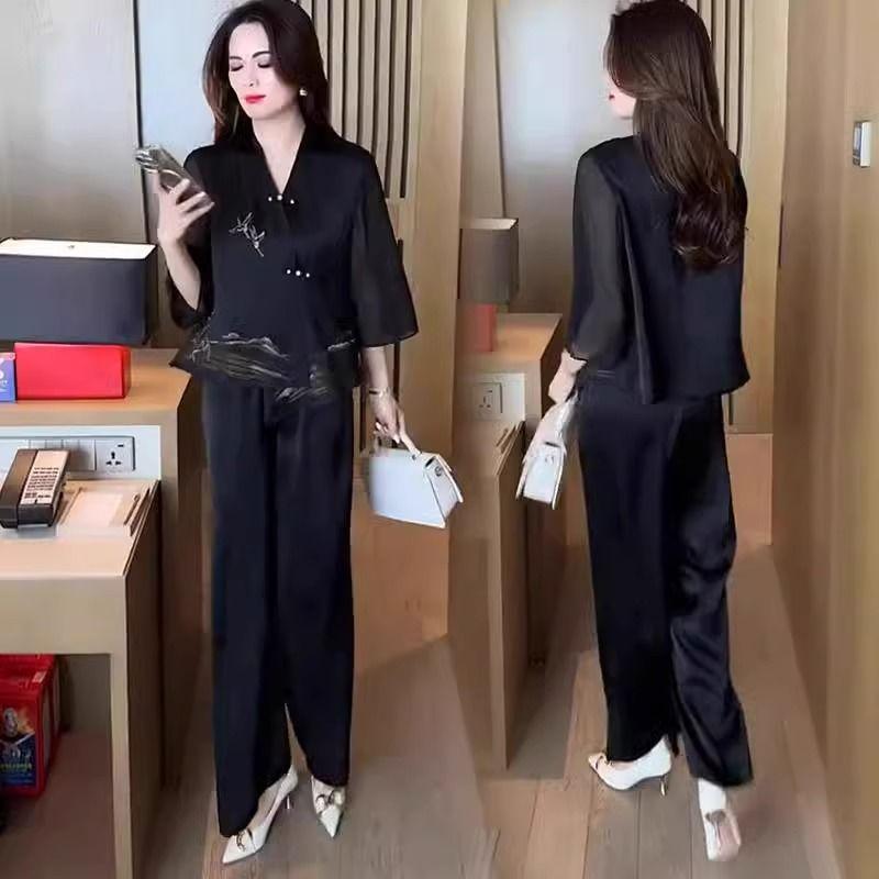 

Элегантный летний костюм-двойка в новом китайском стиле: Утягивающая рубашка и брюки широкого кроя 4XL (160-180 lbs)