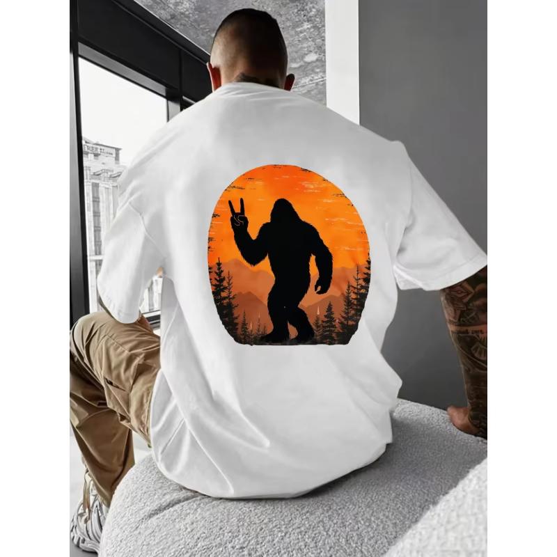 Mens TShirt Black Bigfoot Silhouette Sunset Forest Print High Quality Cotton