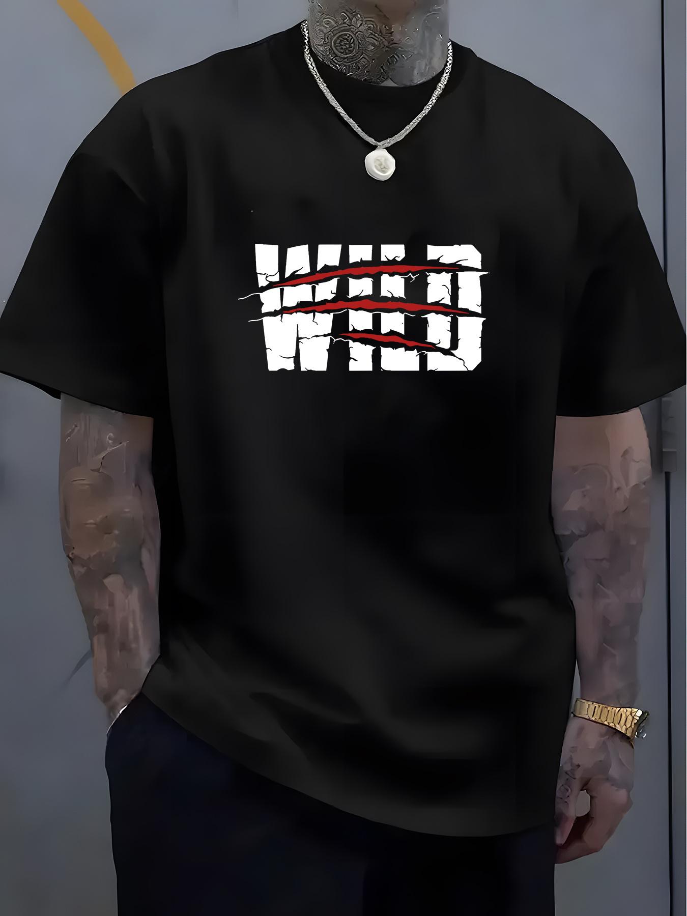 Casual Crew Neck T-shirt with WILD Print - Soft Polyester M