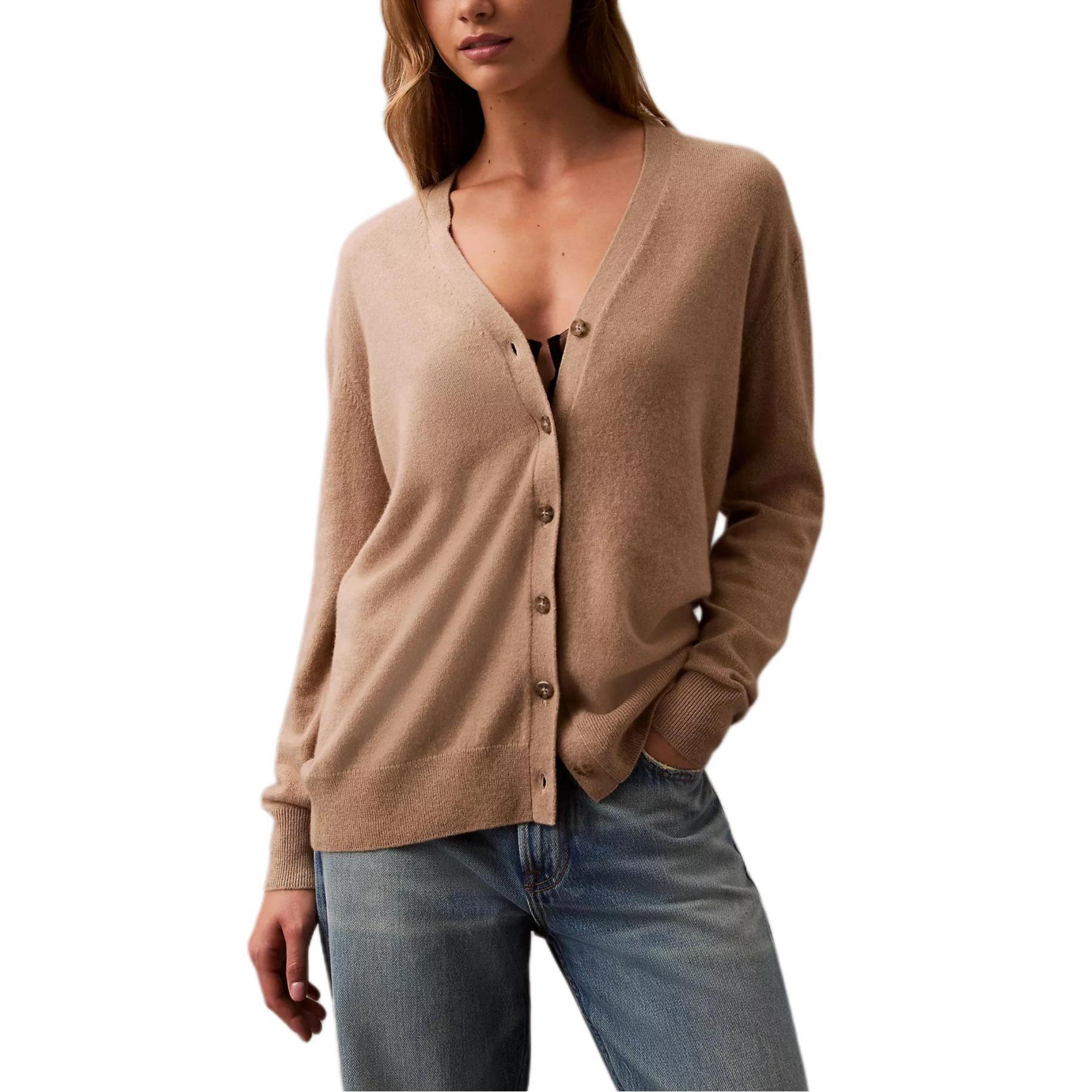 

Calvin Klein Мягкий Удобный Однотонный Спущенное Плечо Длинный Рукав Кашемировый Свитер Женский свитер Светло-Коричневый 40WL361-200 S