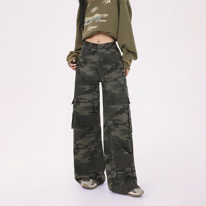 

Women s High-Waist Camouflage Wide-Leg Pants for Spring/Autumn XS
