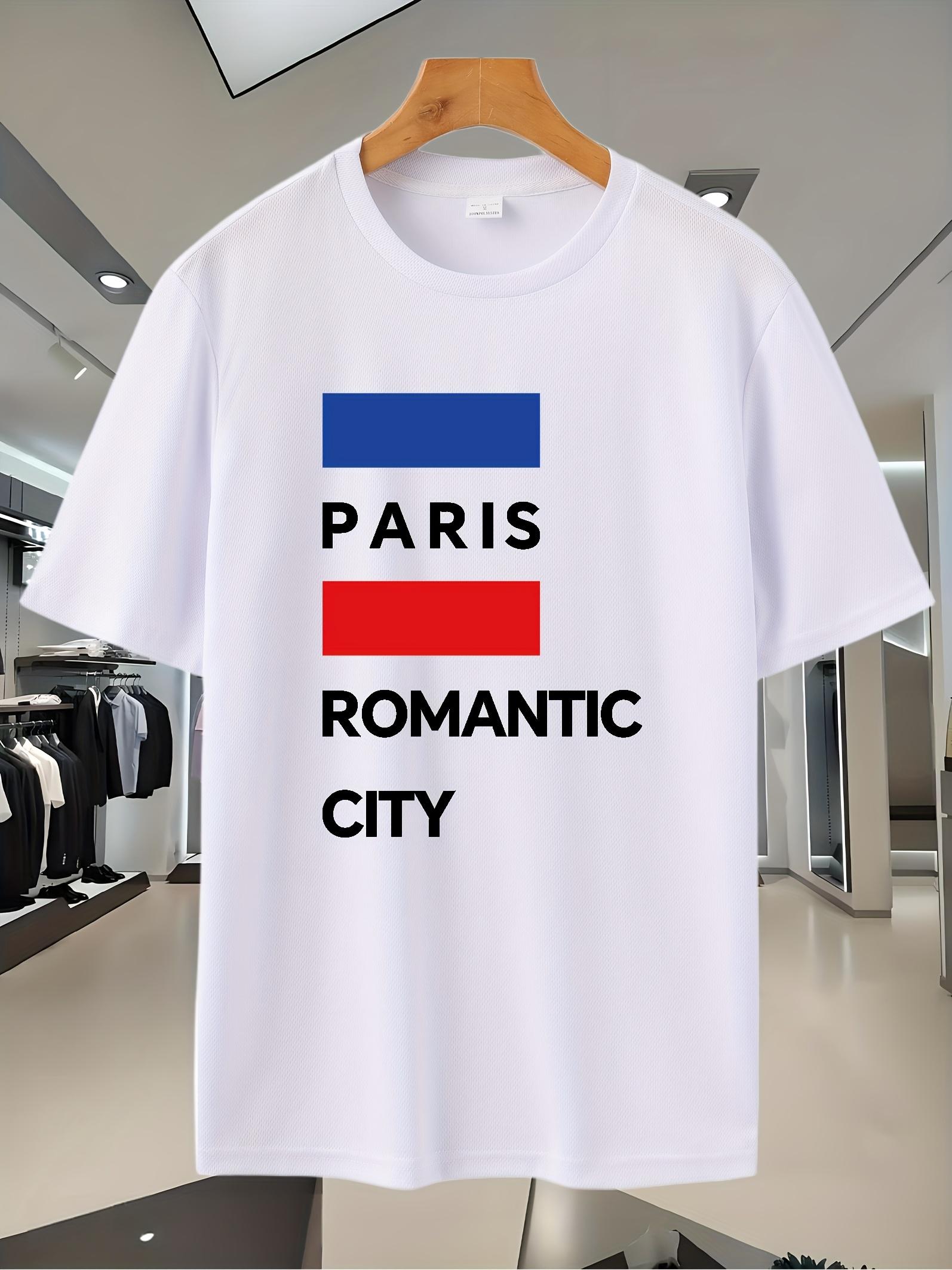 

Paris Romantic City Graphic Tee - White Short Sleeve T-shirt with Blue & Red Stripes XXXL