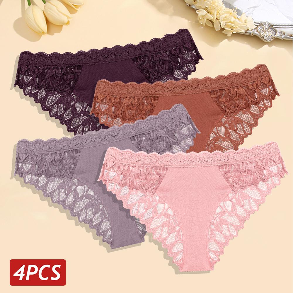 FINETOO 4 Stück/Set Sexy Blumenspitze Slips Damen Atmungsaktive Slips Transparent Niedrige Taille Sexy Dessous Damen Weiche Unifarbene Unterwäsche L&4pcs black