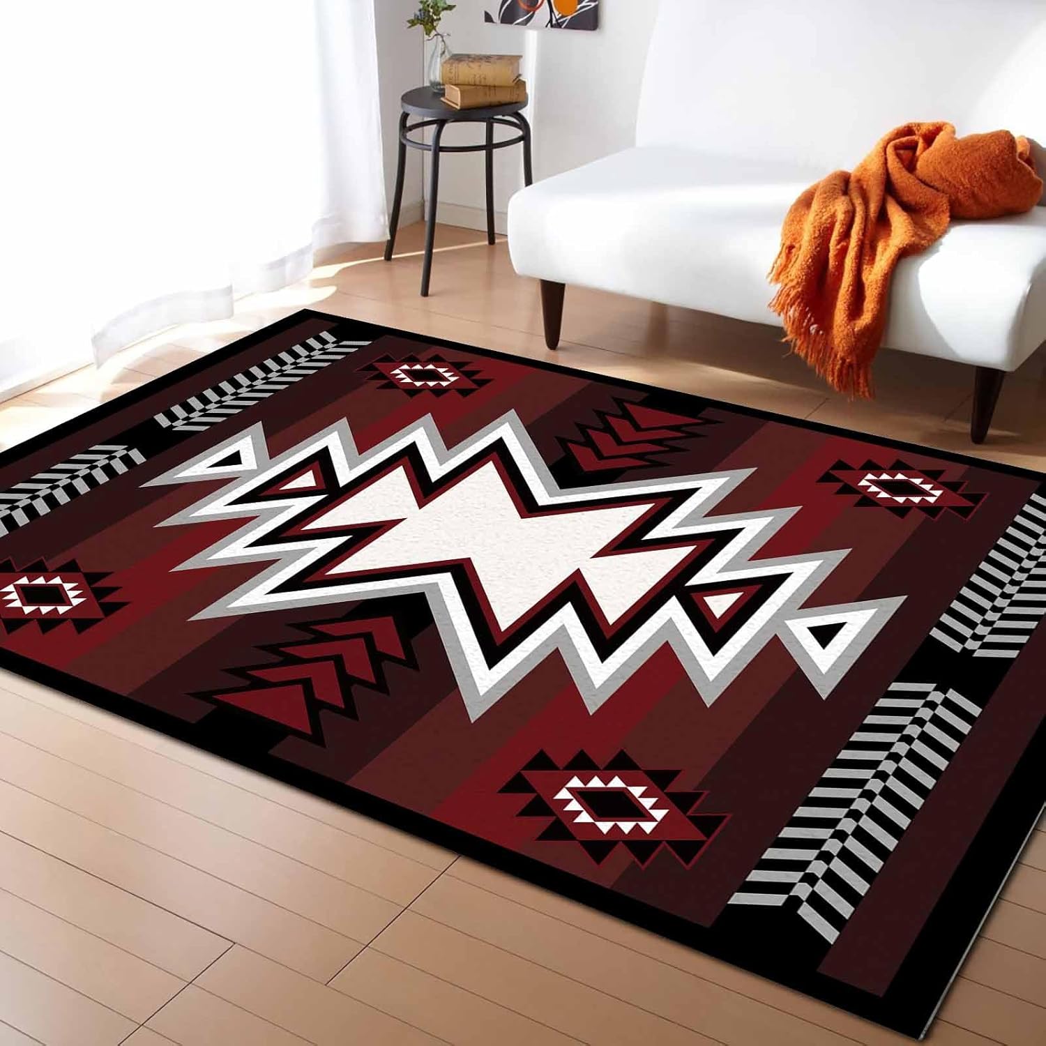 

Red Pattern Retro Bohemian Washable Area Rugs Square Abstract Geometric Non Slip Rugs for Living Room Bedroom,Low Pile Floor Mat 60x90CM