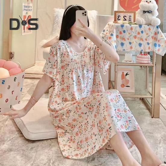 Women Nightdress Loose Floral Print Round Neck Pleated Short Sleeves Knee Length Homewear Casual Midi Dress Lady Nightgown Midi Dress