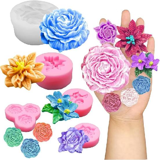 Wehous 9PCS Succulent Silicone Mold, 3D Succulent Cactus Candle Molds, Creative Chocolate Cake Decor Mold, Plant Flower Silicone Mold for Candle Soap 5pcs flower