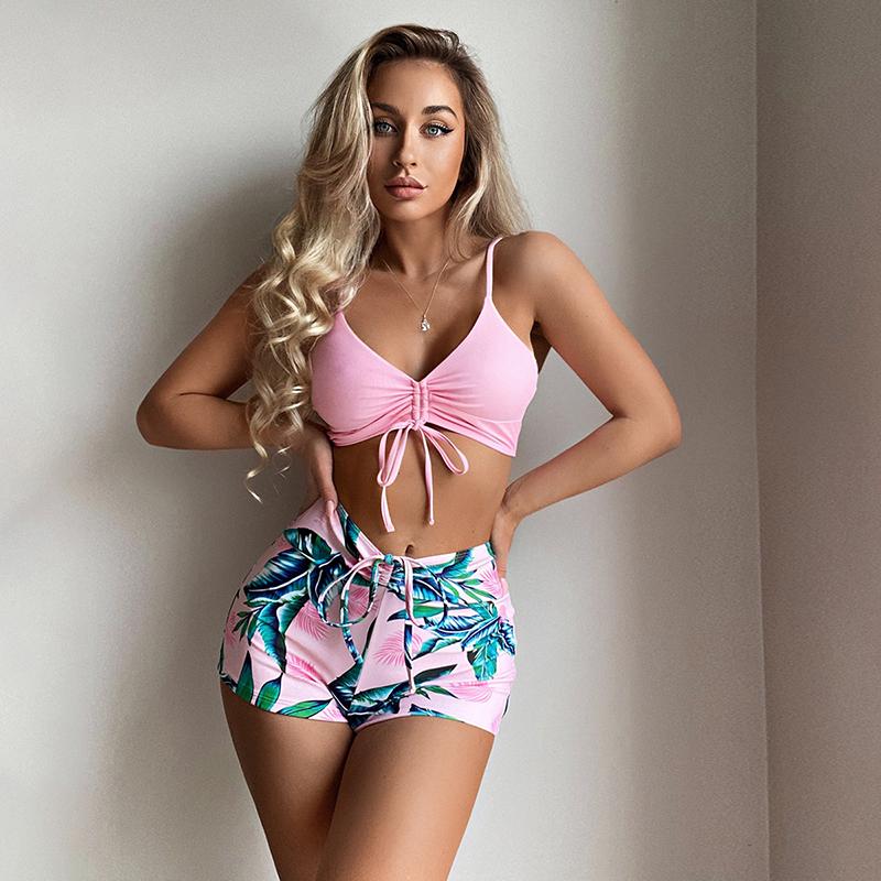 

Купальник бикини тай-дай со шнуровкой, женский купальник с шортами с высокой посадкой, купальный костюм с подкладкой, летняя пляжная одежда для плавания S розовый