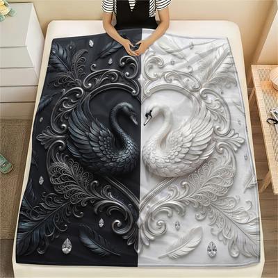 1Pc Black&White Swan Print Flannel Blanket, High Quality Comfortable for All Seasons, Home Decor, Warmth and Comfort, Perfect for Christmas Gifts W33