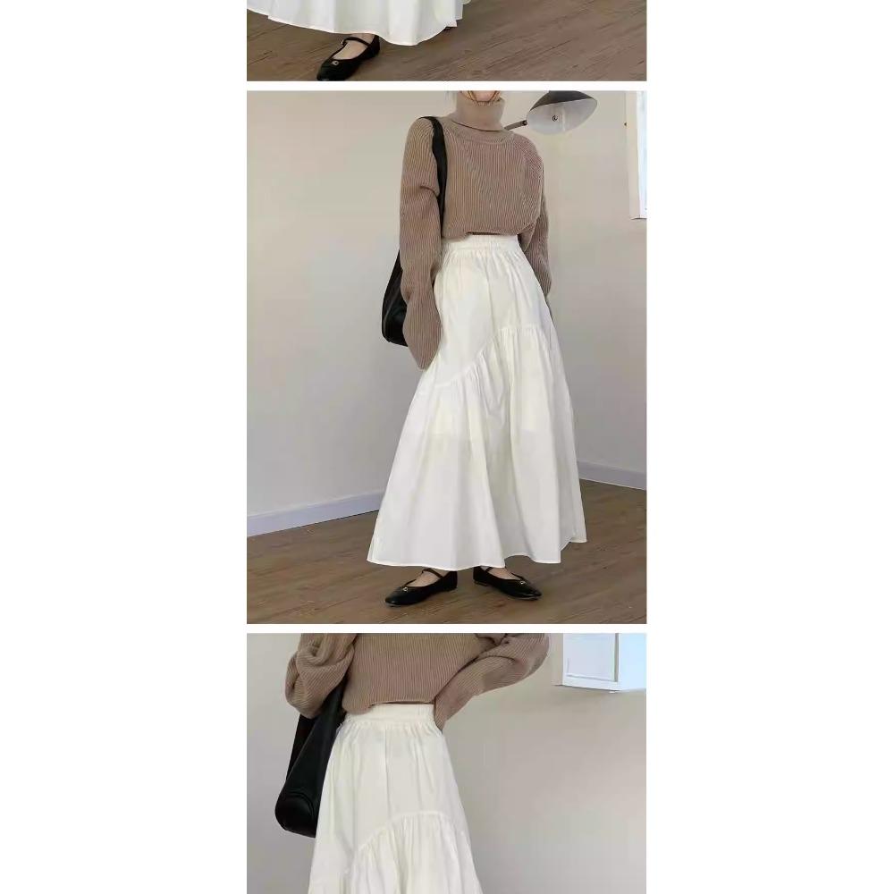 Damen Schick Einfach Plissiert Patchwork Elastischer Bund A-Linien Midilanger Rock