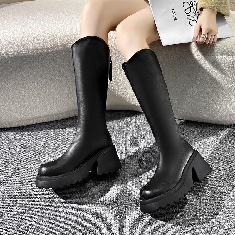 

Весна Осень Зима Новые Облегающие 8см Высокий Каблук Платформа Тканевая Вставка Натуральная Кожа Женские Сапоги до Колена Длинные Сапоги для Верховой Езды 35 чёрный
