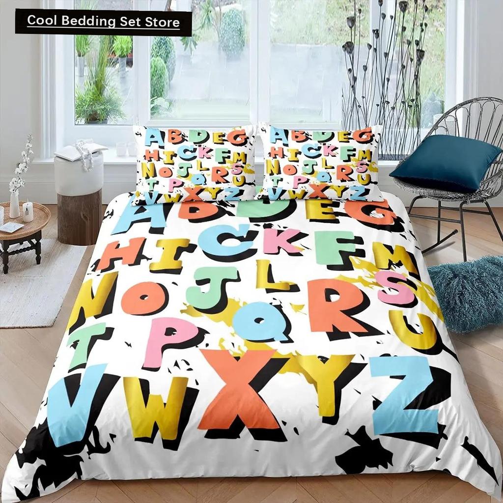 Comforter Cartoon Numbers King Queen Lovely Animals Bedding Set Kids Colorful English Alphabet 2/3Pcs Polyester