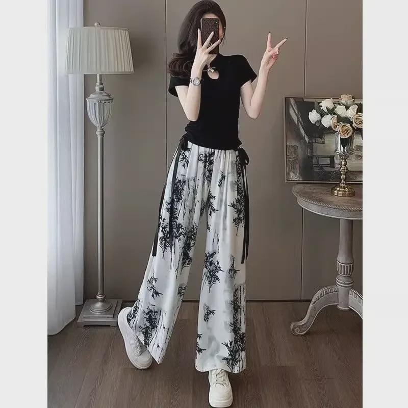2024 Summer Ice Silk Wide-Leg Pants: Chinese Style, High-Waisted, Slim Fit, Casual, and Cool