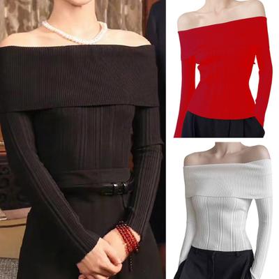 Women Knitting Tops Sexy One Shoulder Long Sleeve Slim Fit Pullover Tops Solid Color Ribbed Blouse