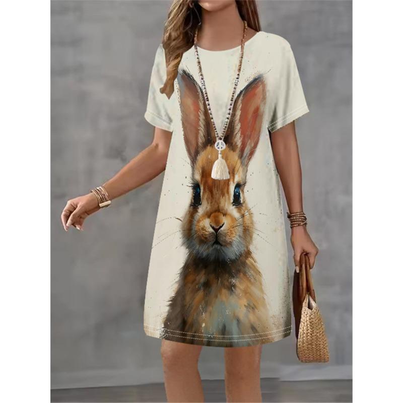 Women Dress Cute Rabbit Pattern Print Design Sense Pattern 2025 Summer Elegant Women A-Line Dress Casual Short Sleeve Mini Dress