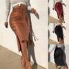 Women Trendy PU Midi Skirt Solid Color High Waist Lace-up Side Button Slim Skinny Pencil Skirt for Ladies Streetwear