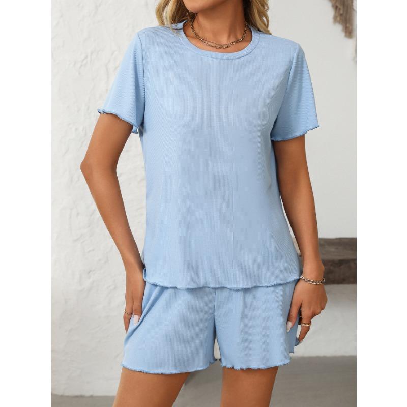 Women's New Summer Solid Colour Pit-striped Pyjamas Short-sleeved Homewear Set