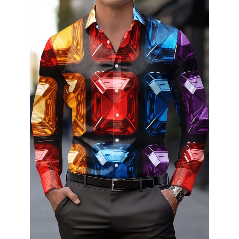 New Blue and White Gradient Geometric Lines Men's Long Sleeved Shirt, Light Luxury Slim Fit Commuting Casual Shirt