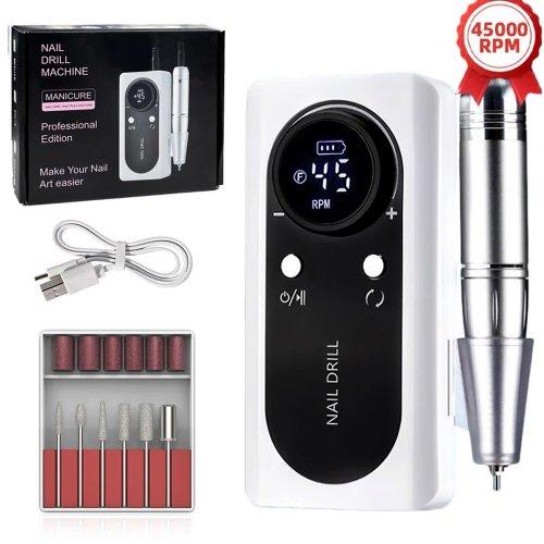 

LCD Display Electric Nail Drill Machine Rechargeable Nail File Nail Accessories Gel Nail Polish Sander Low Noise 45000 White