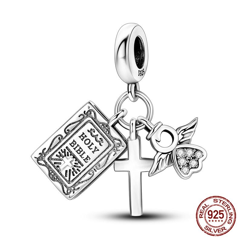 Bible Cross Pink Zircon charms Fit 925 Bracelet DIY Jewelry Making Women's Gift 100% 925 Silver