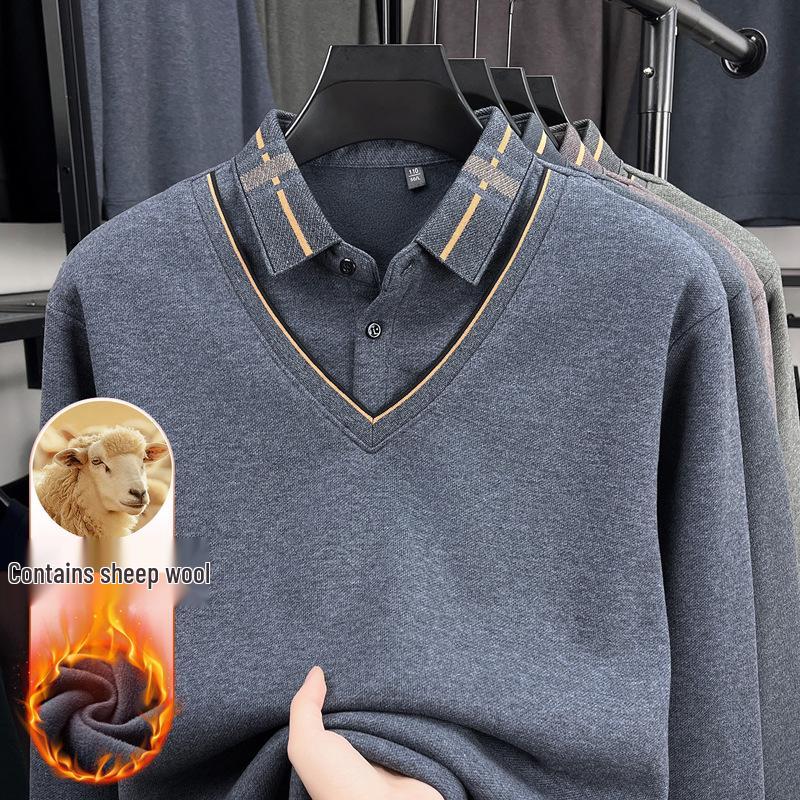 Men s Winter Velvet-Lined Shirt Collar Sweater - Faux Two-Piece Design for Mature Style XL