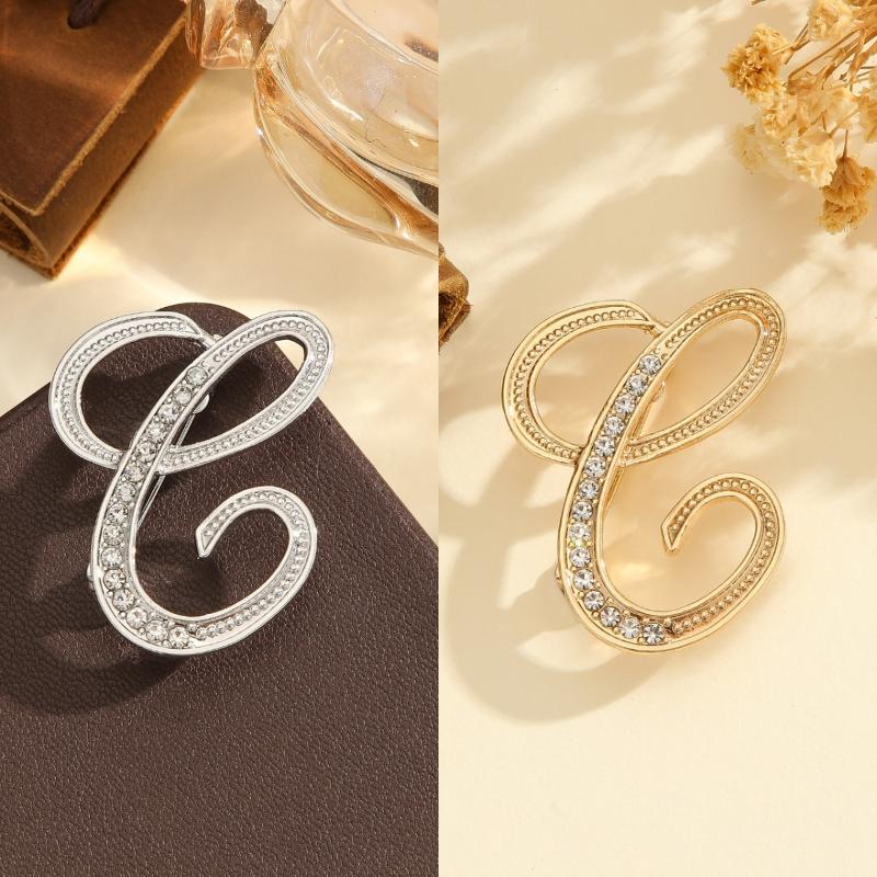 2Pcs  Full  Encrusted Gold And Silver Alphabet Letter Brooches Pins Minimalist Clothing Jewelry Accessory