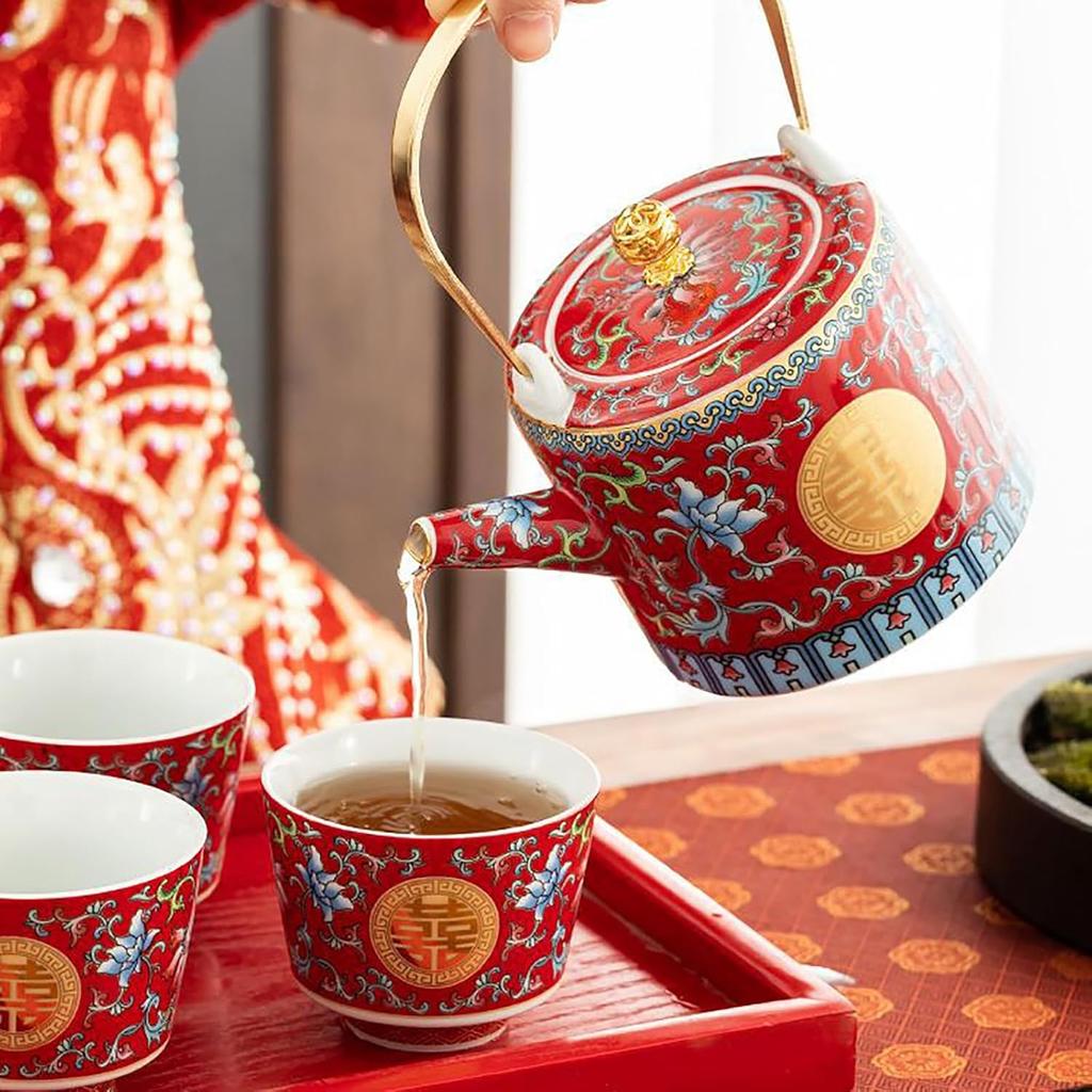 Chinese Double Happiness Red Wedding Tea Set,Porcelain Wedding Tea Set,Beam Handle, Comfortable To Hold,for Newlyweds, Friends Chinese Traditional