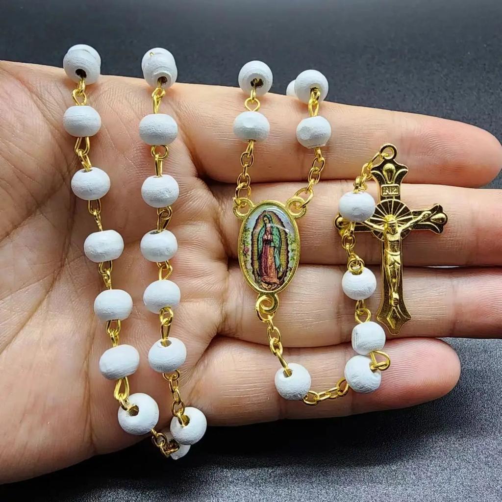 White Wooden Rosary Necklace For Women Crucifix Cross Pendant Long Chain Necklace Men Religious Catholic Prayer Jewelry