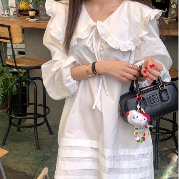 2026 Korean Chic Ruffled Collar Lace-up Slimming Dress Skirt One Size