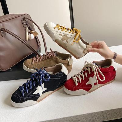 Women's Retro Hidden Heel Distressed Star Sneakers - Black, Versatile Casual German Trainers, New for Autumn 2025.