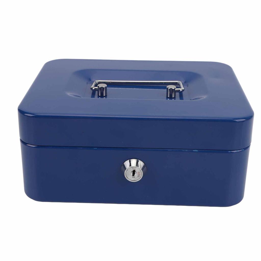 Liten låsbar kontantboks Bærbar dobbeltlags sikker metallpengekasse for hjem og kontor Blå