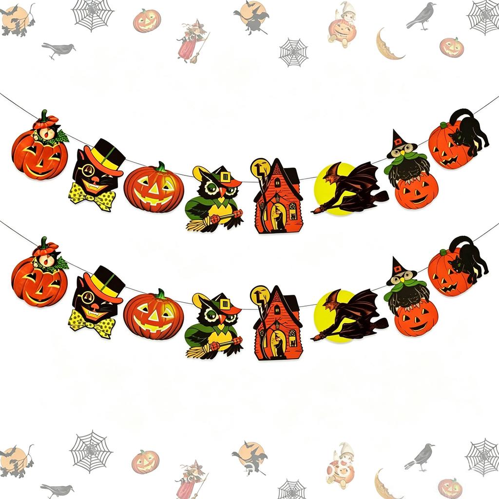 Vintage Halloween Paper Banner Retro Pumpkin Black Cat Haunted House Garland For Home Wall Mantel Fireplace Party Decorations