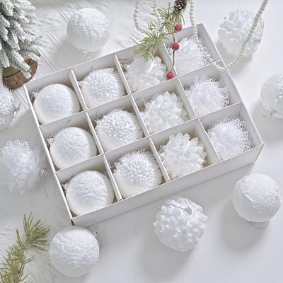12 piezas En caja Bola de Decoración Navideña con Borde de Encaje Blanco Nieve Colgante Colgante para Árbol de Navidad Set de Caja de Regalo