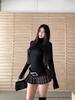 Women's Black High Neck Slim-Fit Brushed T-Shirt, Long Sleeve, Stretchy Inner Layer for Autumn/Winter.