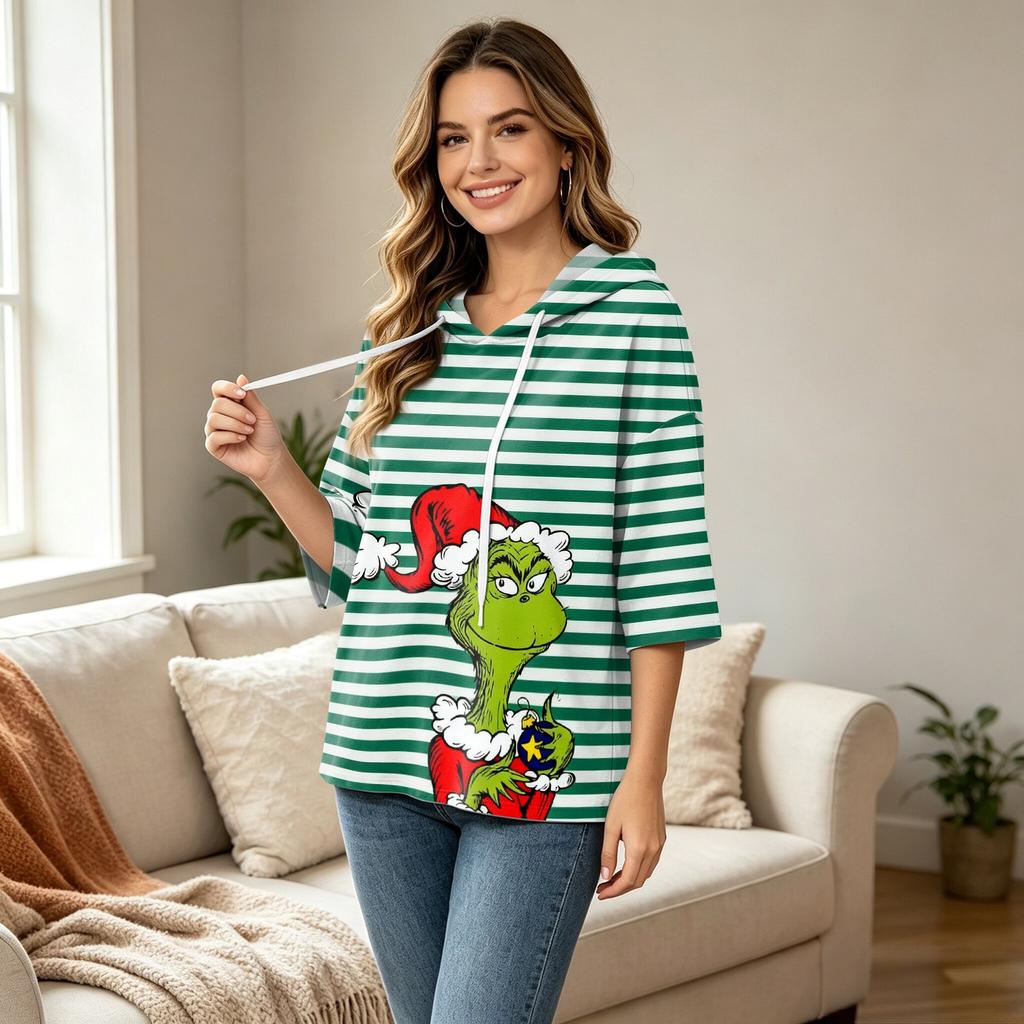 Women's Casual 3/4 Sleeve Christmas Print Hooded T-Shirt Top