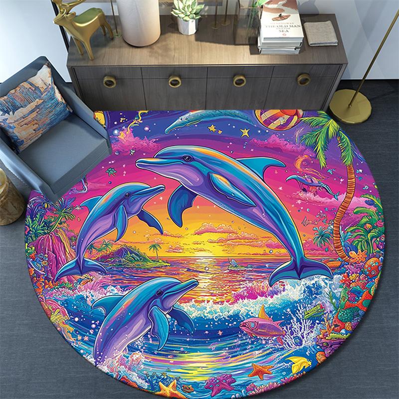 Dolphins Sunset Round Area Rug,Carpet Rug for Living Room Bedroom Sofa Playroom Decor,Non-slip Floor Mat