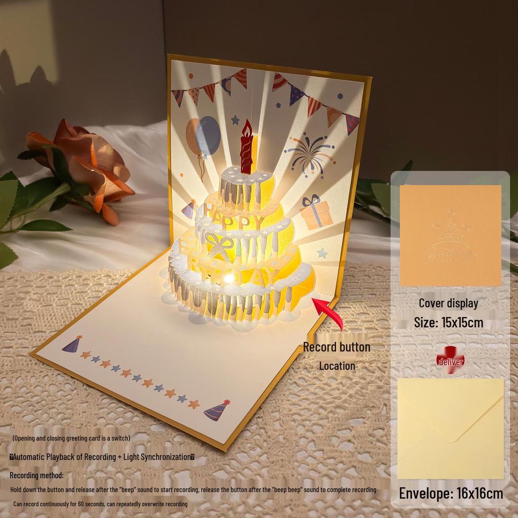 Dźwiękowa kartka urodzinowa 3D Pop-Up ze światłem do nagrywania - Wzór tortu na prezent dla chłopaka/dziewczyny