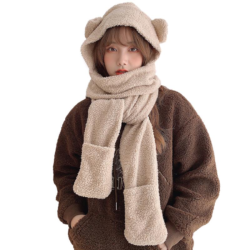 Herbst und Winter Cartoon Süßer Bär Hut Schal Drei-in-Eins Koreanischer Stil Hut Warm und Bequem Gehörschutz All-in-One Hut