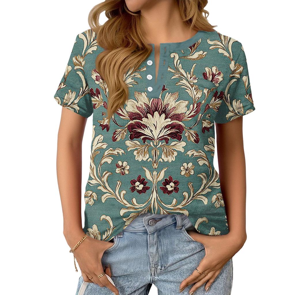 Modieuze Casual Dames Zomer Top met Retro Print, V-hals, Knopen en Korte Mouwen