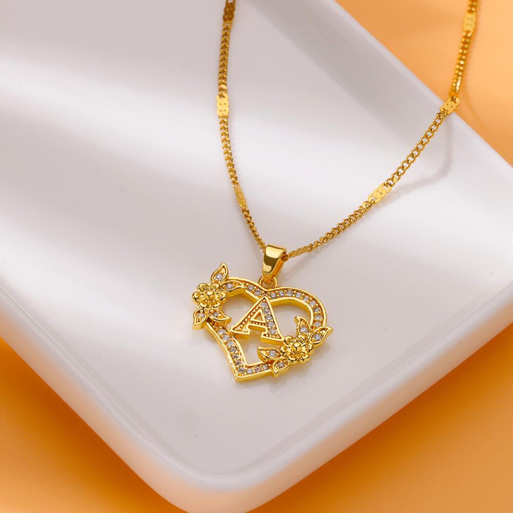 Zircon Heart Flower Letter Necklaces For Women Stainless Steel A-Z Letter Heart Necklace Wedding  Party Jewelry Gift