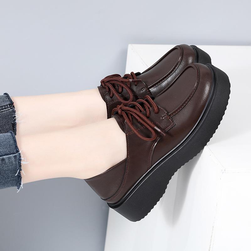 Leather women's shoes spring and autumn platform muffin casual shoes lace-up low-top single shoes small leather shoes