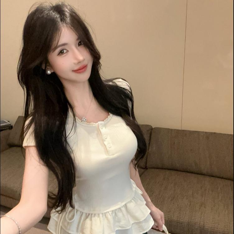 Summer shoulder cover meat and thin short-sleeved T-shirt women's Korean sweet wind ruffle leaf edge lace splicing top ins