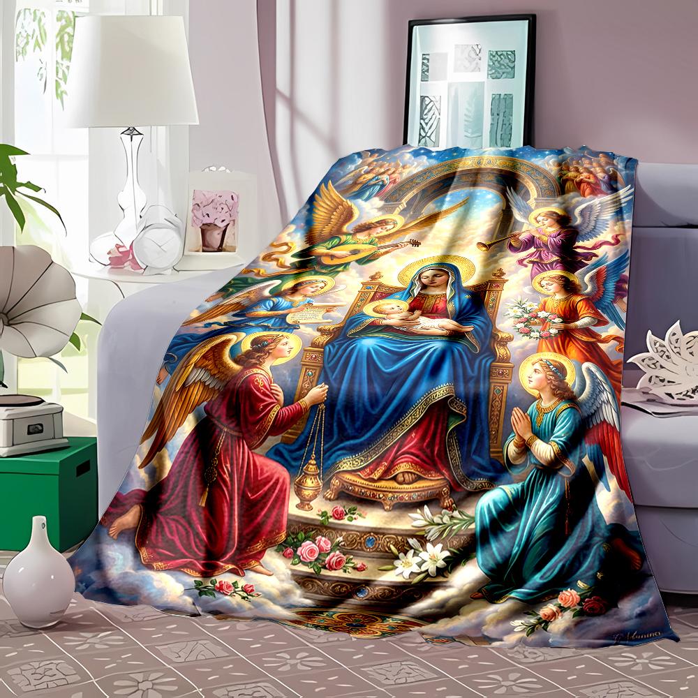 1PC Virgin and angels surrounded Faith-printed Flannel Blanket Soft and Warm Suitable for Home Travel Picnics Camping RV Use