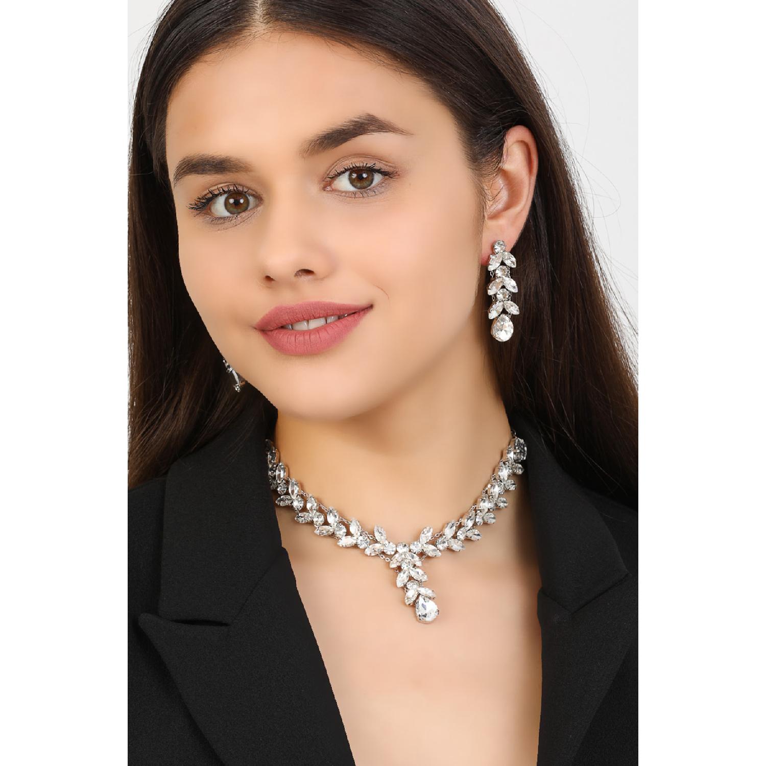 

Женская модель падения, камень, серебро, бриллиант, ожерелье с водной дорожкой, серьги, вечернее платье, свадебное платье, обещание хны, комплект свадебных украшений