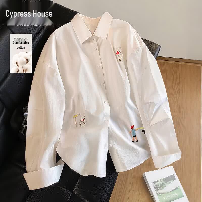 

Women s Embroidered Loose-Fit Lapel Long-Sleeve Shirt L