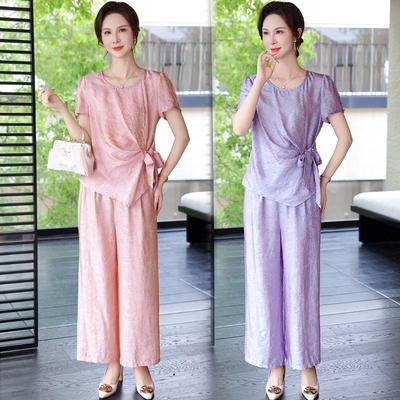 Women's Summer 2026 Two-Piece Set: Short-Sleeve T-shirt & Wide-Leg Pants for Middle-Aged and Elderly
