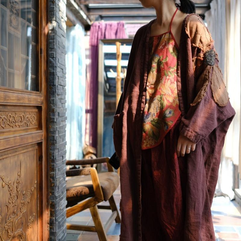 Johnature Kobiety Vintage Patchwork Kwiatowy Trencz Jednolity Kolor Lniane Płaszcze Jesień Długi Rękaw Styl Chiński Długi Trencz