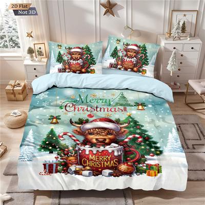 3-teiliges Geschenk Highland-Rind Druck Kernloses Bettwäscheset Mehrere Größen Schlafzimmer Bettdeckenbezug Dekoration Weich Maschinenwaschbar