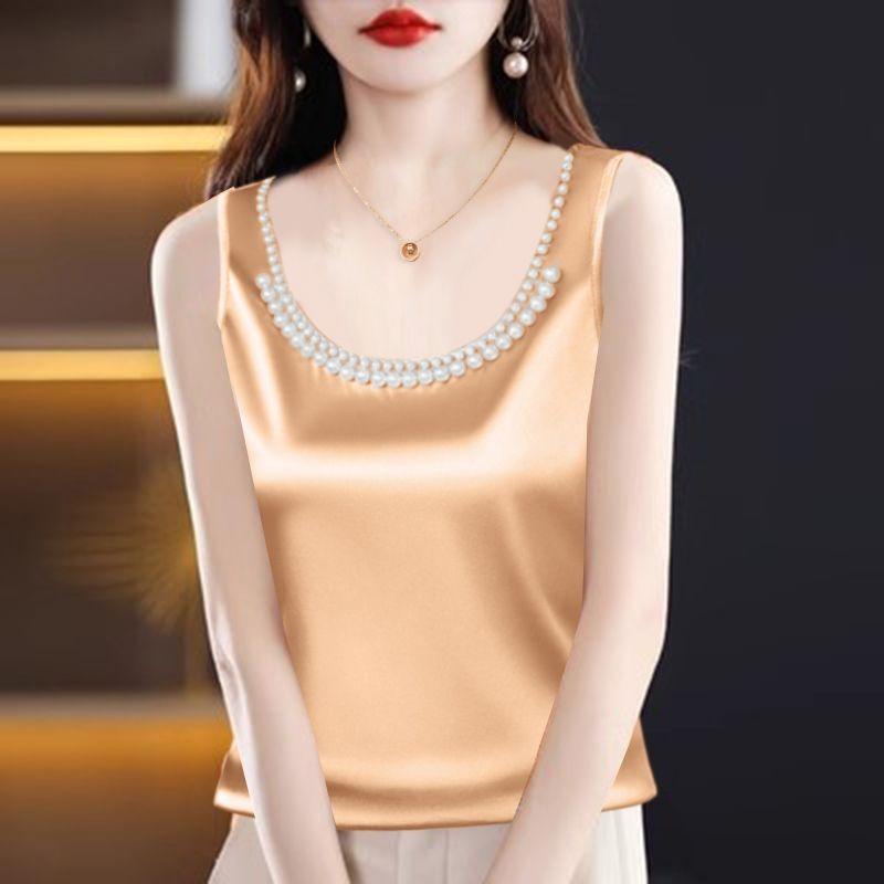 Women's Satin Tank Top - Pearl Embellished U-Neck Sleeveless Blouse