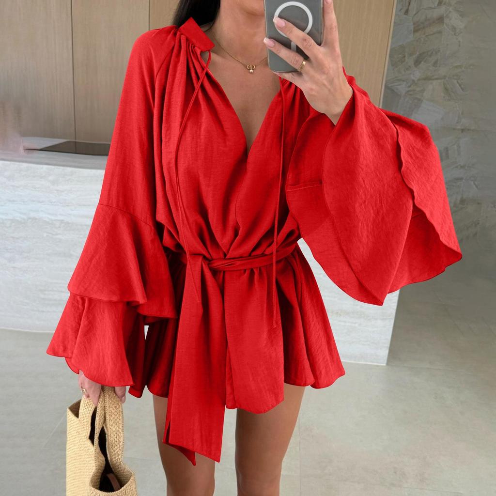 Women's Fashionable Solid Color V-neck Irregular Lace Long Sleeved Loose Top