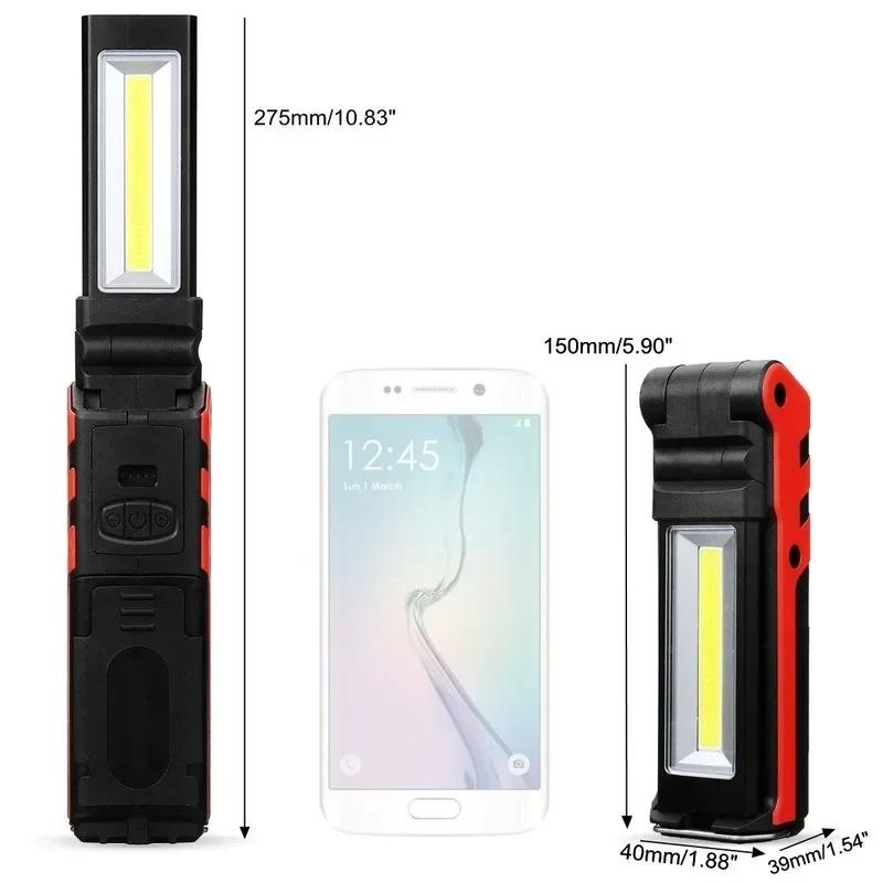 Super Bright COB LED Working Light USB Rechargeable Dimmable Flashlight 18650 Battery with Magnetic &Hook